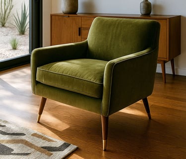 Olive green Mid-Century Modern chair with wood legs and styled rug