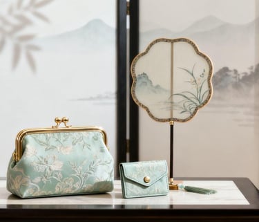 "The Splendid Rivers" GWP set, featuring a jacquard pouch, cardholder, and fan.