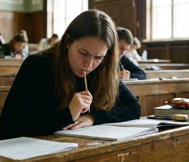 Imagem de uma mulher, em torno de 35 anos, fazendo uma prova de concurso público