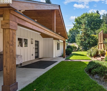 front porch with a closed cedar soffit and wrapped post