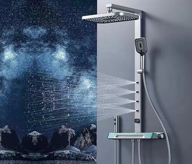 a shower with a shower head and a shower head