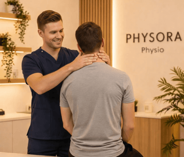 Neck pain physiotherapy treatment using hands-on therapy and guided exercises