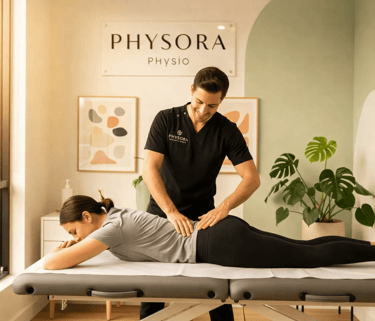 Physiotherapist treating lower back pain with manual therapy and exercise rehabilitation