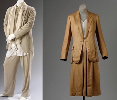 Giorgio Armani unstructured menswear suit in beige and elongated womenswear camel suit, late 1970s–80s.