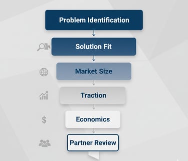 A visual funnel showing the early venture capital screening process, highlighting that Problem and S