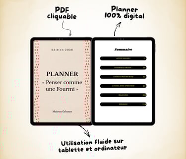 Agenda numérique affiché sur une tablette avec table des matières PDF cliquable pour l'organisation 