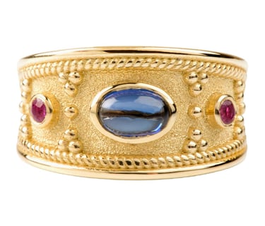Etruscan Revival Ring.  Gold CZ Sapphire Etruscan Wide Band, Ancient Style