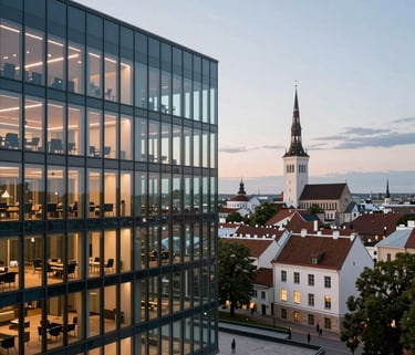 A wide-angle photography shot of a modern, glass-walled office in Tallinn, Estonia, overlooking the historical city center during twilight, clean composition, soft indoor lighting, professional and calm ambiance.