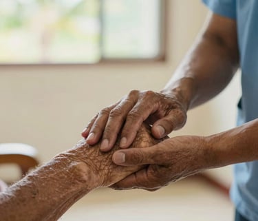 A close-up photograph of a caregiver's hand gently holding the hand of an elderly resident in a bright, sunlit room in Mauritius, conveying warmth, trust, and compassion. The lighting is soft and natural, with light green and beige tones in the background.