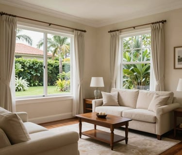 A bright, elegant private room in a Mauritian nursing home, featuring light beige walls, large windows showing a lush garden, and clean, comfortable furniture in a calm atmosphere.