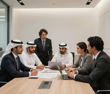 A professional and modern office interior in Riyadh with clean lines, featuring Middle Eastern business professionals discussing a project over a large sand-colored table, soft lighting, professional photography.