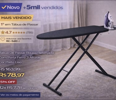 Tábua de passar roupa preta reforçada com porta ferro e regulagem de altura em promoção.