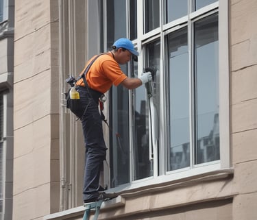 A professional cleaner dusting a modern living room filled with natural light.
