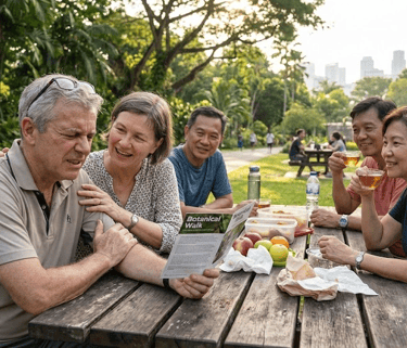 A few elderly men and women are sitting on a park table and chair one man wincing in pain