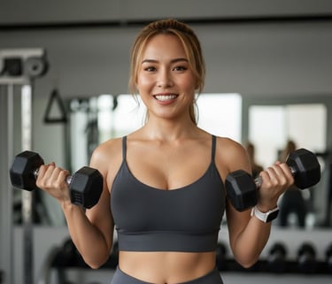 An attractive busty Eurasian woman wearing a sleeveless gym wear doing bicep curls