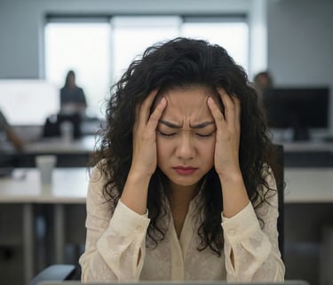 A woman with frizzy curly hair sits with her hands holding her head looking stressed