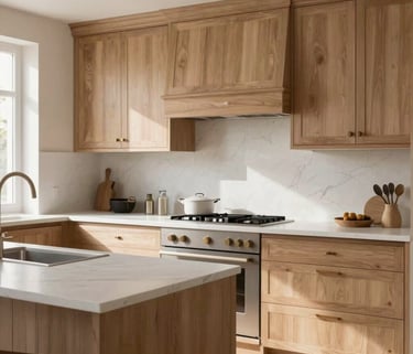 Detailed shot of a high-end custom kitchen in a French home, featuring light wood cabinetry, white stone countertops, and soft natural lighting. The mood is serene and sophisticated.