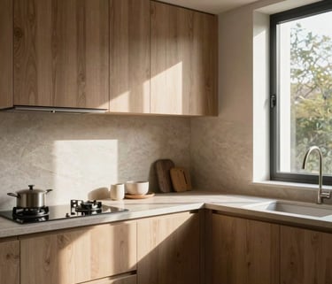 A serene interior scene of a modern French kitchen with natural sunlight streaming through a window, highlighting soft wood textures and stone surfaces.