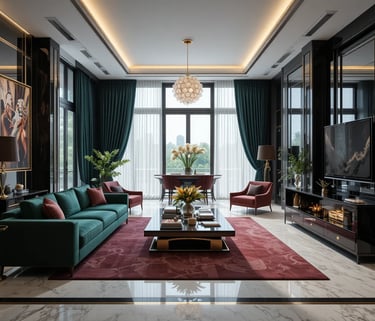 Interior Art Déco moderno con líneas limpias, colores intensos y detalles dorados