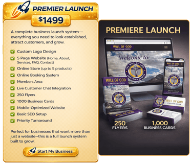 Premier Launch business package featuring custom logo, website design, business cards, and flyers for branding.