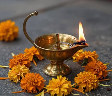 A close-up photograph of a South Asian brass oil lamp burning with a steady, warm flame, surrounded by vibrant marigold petals on a dark stone floor, evoking a sense of spiritual mystery and ancient ritual.