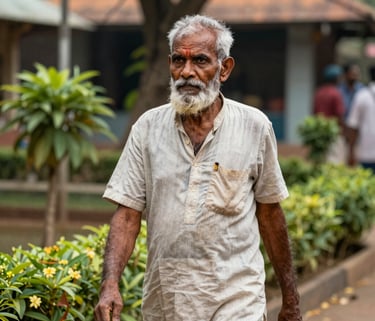 A candid shot of an elderly man with a white beard and calm presence, wearing simple linen clothes, walking in a Viluppuram temple garden, South Asian / Tamil Nadu, India.
