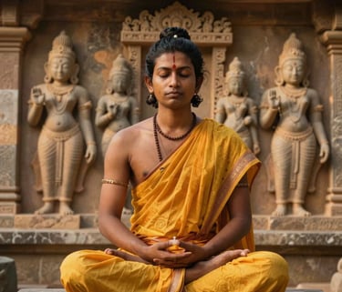 A spiritual seeker sitting in padmasana pose in front of an ancient South Indian stone relief. Warm golden light illuminating the scene.