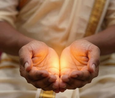 A close-up photograph in South Asian / Tamil Nadu, India, showing hands performing a traditional energy healing technique. A warm amber and soft orange-gold glow emanates between the hands, creating a sense of heat and spiritual energy. The lighting is soft and serene, with a background of light cream textiles.
