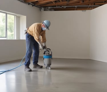 Contractor applying a protective concrete coating with a spray system.