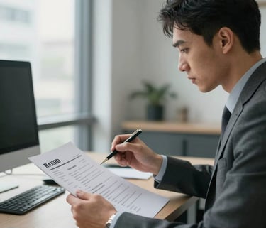 A focused professional in a modern North American office setting carefully reviewing a resume with a pen in hand, soft daylight through a window, professional atmosphere.