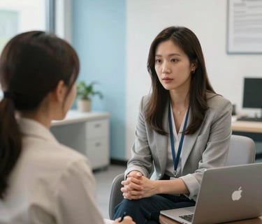 A professional career counseling session in progress, bright and clean office with pale blue accents, North American / US setting, focused on supportive dialogue.