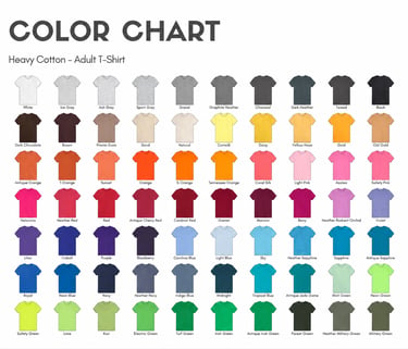 Blank apparel color chart for wholesale T-shirt and apparel orders