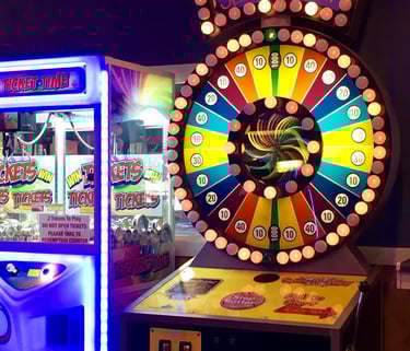 arcade game with wheel and bright lights