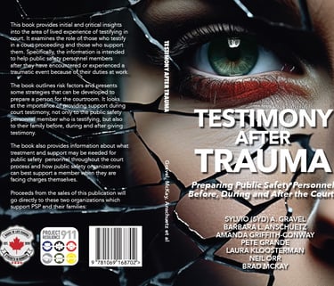 Testimony After Trauma book cover featuring a close-up eye behind shattered glass for public safety personnel.