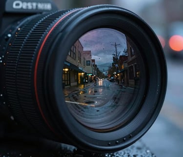 A close-up of a professional camera lens reflecting a moody, rain-slicked North American / Pacific Northwest urban street at night, dark slate gray and cadet blue highlights, sharp focus, discreet professional style.