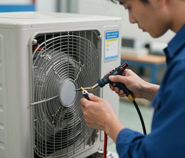 A close-up of a professional technician in a North American workshop setting, working on a complex HVAC system with specialized tools, soft natural light, clean and professional environment, featuring steel blue and blue-grey accents.