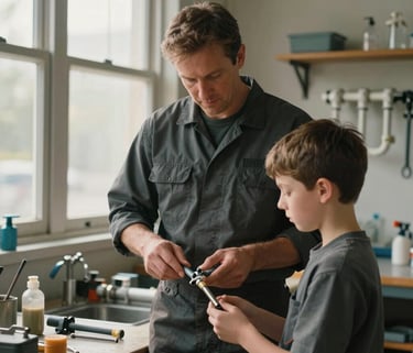 A master tradesperson in a dark slate uniform mentoring a young apprentice in a well-organized plumbing workshop. Soft afternoon light filtering through windows. North American / US.