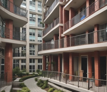 A well-maintained residential building exterior under a clear sky.