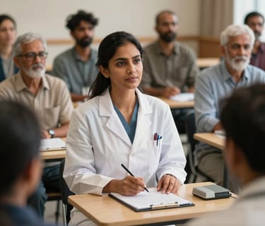A professional South Asian mental health practitioner leading a training seminar for a diverse group, warm indoor lighting, focused and compassionate expressions.
