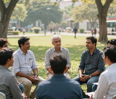 A group of South Asian / Indian community leaders gathered in a bright urban park, engaging in a friendly health awareness discussion, natural sunlight, professional photography, soft tones.