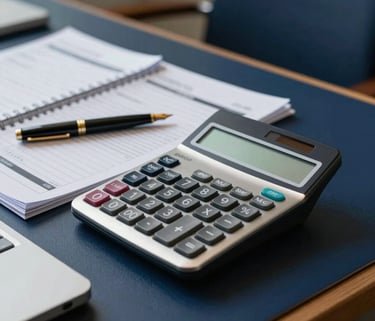 A close-up photograph of a professional desk in a Spanish office with a modern calculator, a fountain pen, and neatly organized accounting ledgers. The lighting is soft and corporate, with deep navy blue and gold accents in the decor.