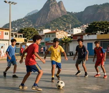 A dynamic photography shot of South American children playing soccer together on a urban community court in Rio de Janeiro. Warm afternoon sunlight, joyful expressions, and a background showing a vibrant neighborhood. Authentic and inspiring atmosphere.