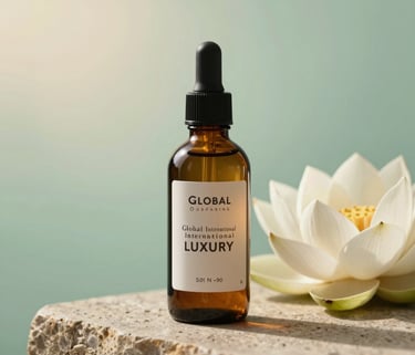 A close-up photograph of a dark glass bottle of luxury massage oil sitting on a polished stone surface next to a fresh white lotus flower. Soft, warm lighting creates a serene atmosphere, with a background of seafoam green and cream tones. Global / International Luxury style.