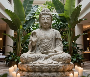 A majestic stone Buddha statue surrounded by white candles and lush green tropical leaves in a serene luxury spa atrium, natural light pouring from above, Global / International Luxury.