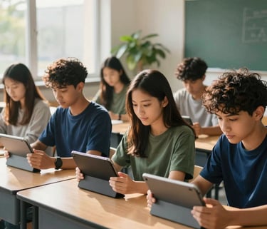A group of diverse students in a bright, modern classroom within an International / Diverse Communities setting, using tablets for learning. The scene is lit with warm, natural sunlight, featuring touches of deep blue and forest green in the environment.