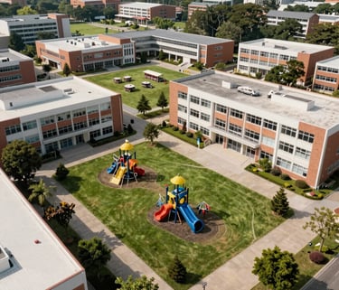 An aerial view of a school campus with green playgrounds and modern classrooms in an International / Diverse Community, bright and hopeful daylight.