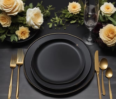 A sleek black plate elegantly arranged with a gourmet meal and soft candlelight.