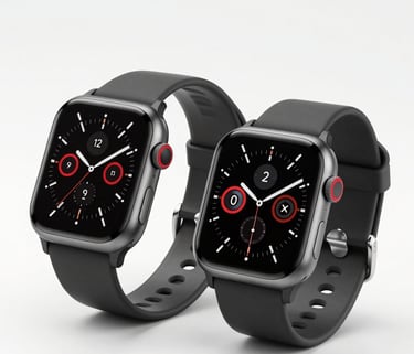 A stylish digital watch glowing softly against a dark background.