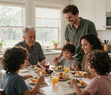 A documentary-style photo of a North American family in a sunlit kitchen, smiling and sharing a meal, representing stability and well-being.