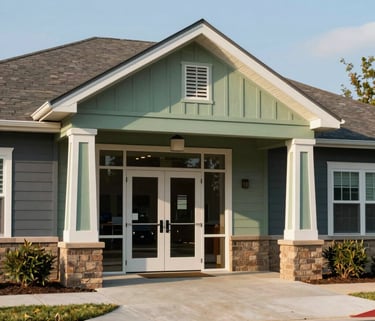 A clean, professional photograph of a community center entrance in a North American / US suburban neighborhood. The lighting is bright and morning-like, with subtle hints of sage green and dark slate in the architecture, emphasizing stability and safety.